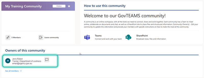 community owners can be found by opening the community card on the govteams dashboard