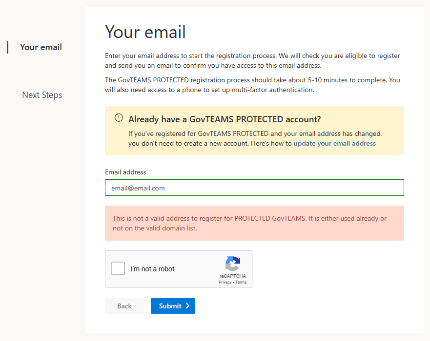 Not a valid address to register for GovTEAMS error